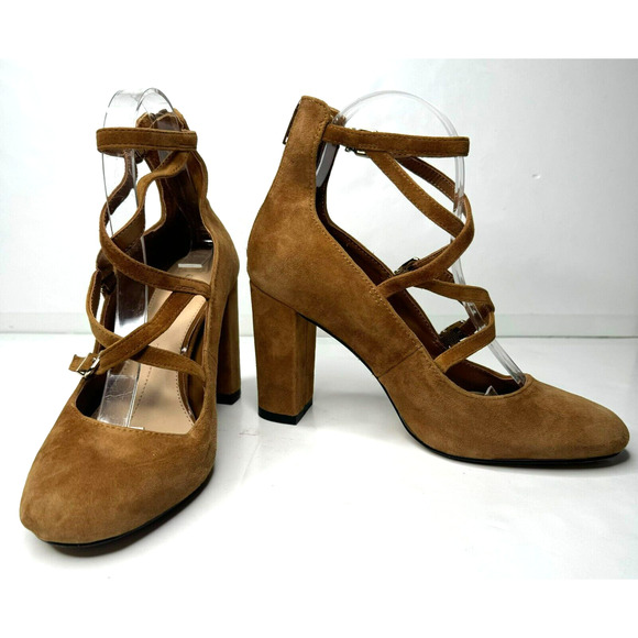 Gianni Bini Shoes - Gianni Bini Heels Womens 8M Brown Suede Strappy Zip Up Block Pump 4"